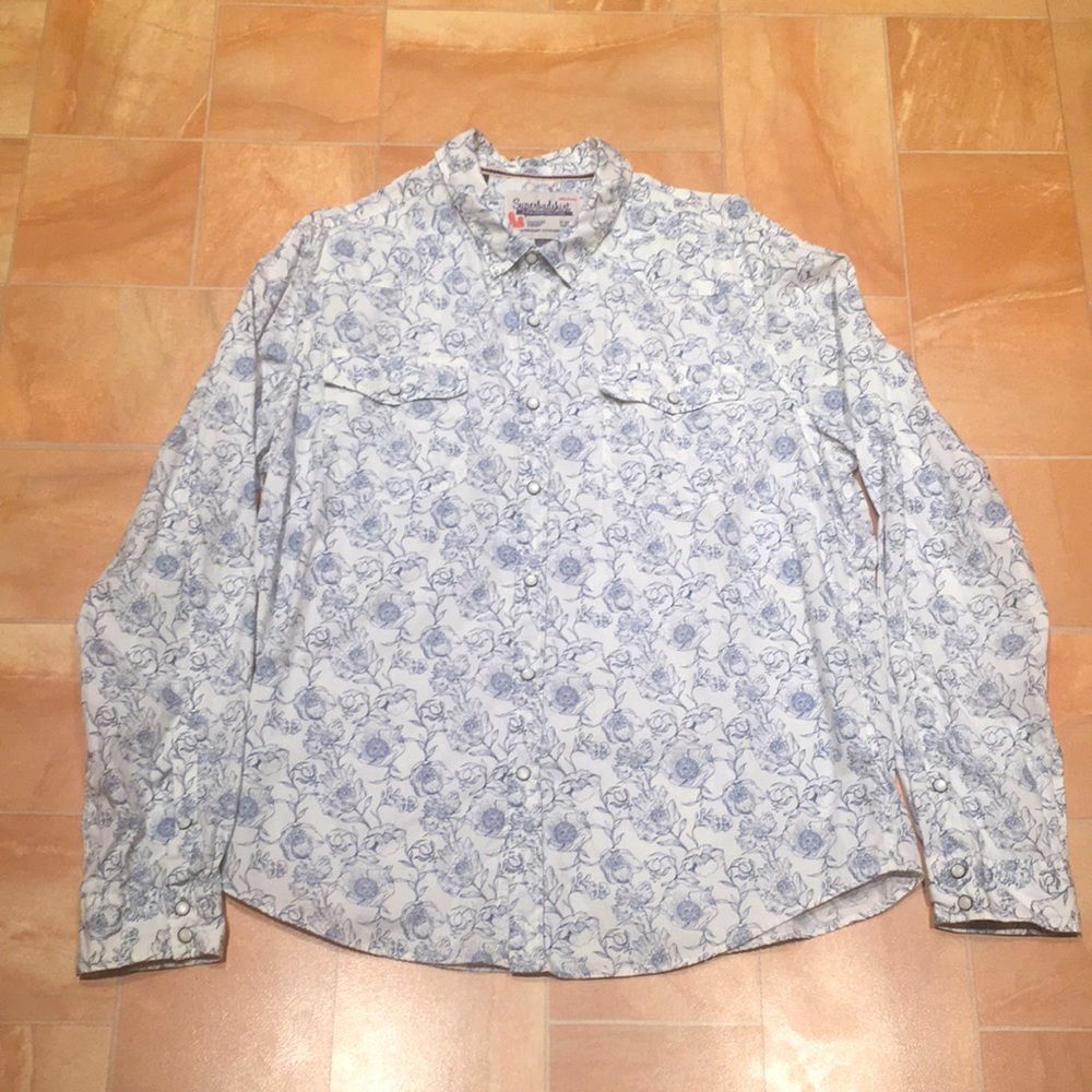 Vintage Men's White & Blue Floral Long Sleeve Button Down Shirt